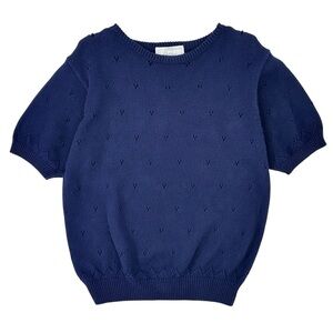 Vintage Pointelle Knit Eaton Navy Blue Loose Fit Short Sleeve Cotton Top T-Shirt